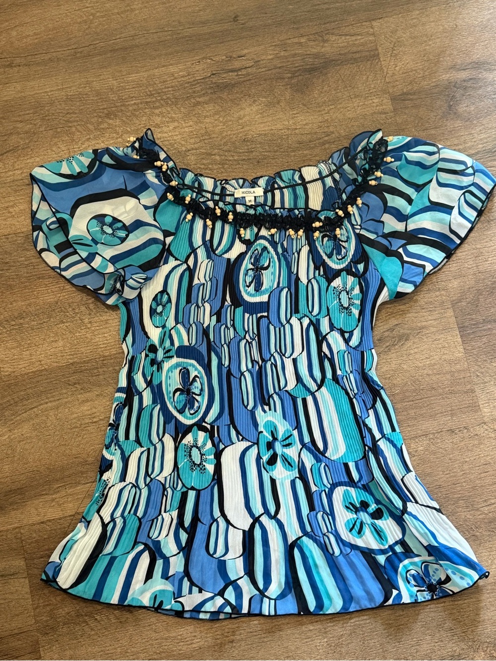 NICOLA Blue Multi-Print Off-Shoulder Top
